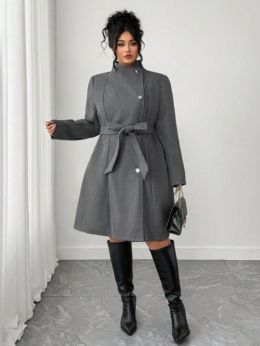 Elenzga Plus Size Women's High Collar Asymmetrical Placket Floral Gray Commuting Elegant Long-Sleeved Woolen Coat