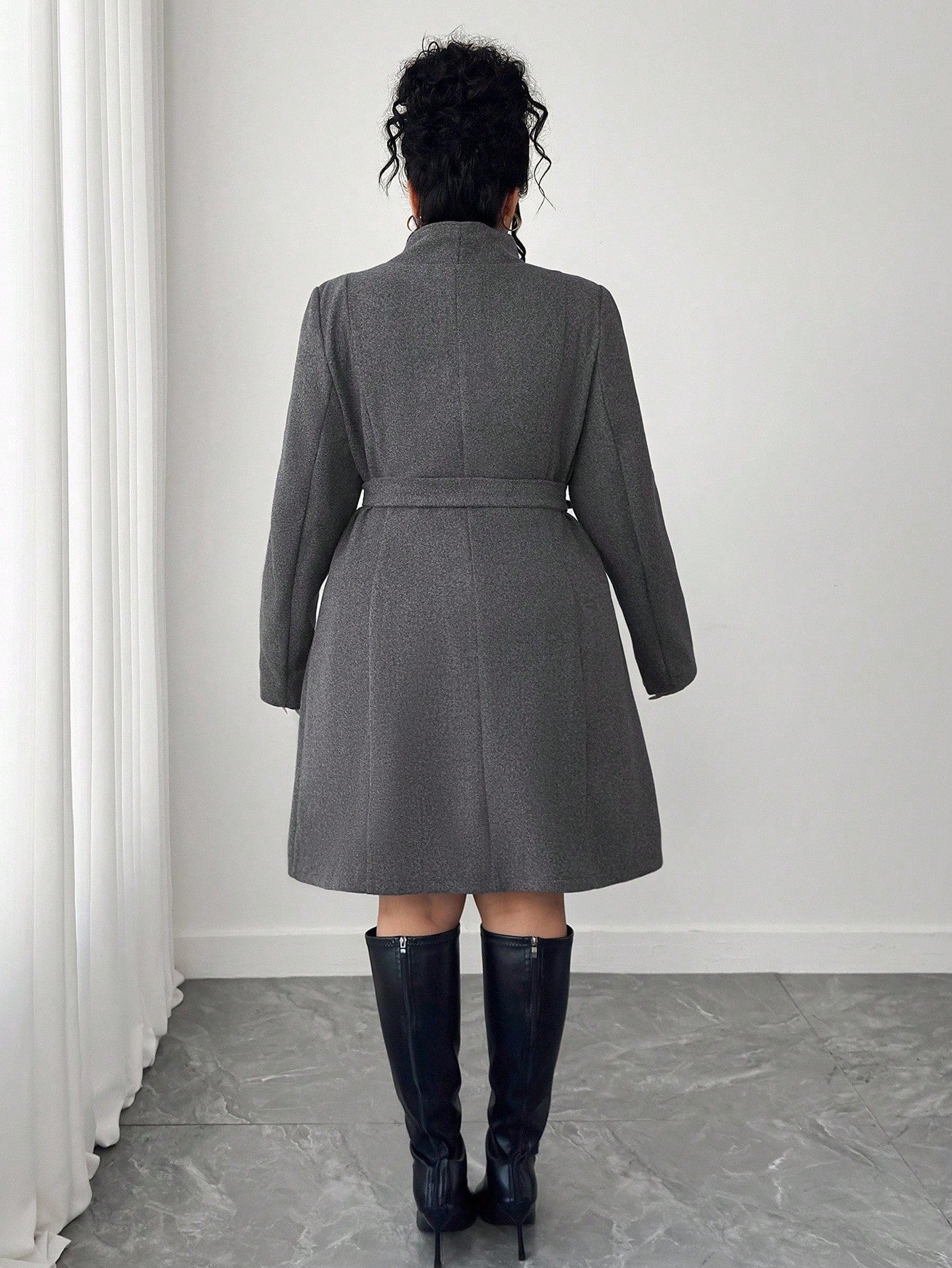Elenzga Plus Size Women's High Collar Asymmetrical Placket Floral Gray Commuting Elegant Long-Sleeved Woolen Coat