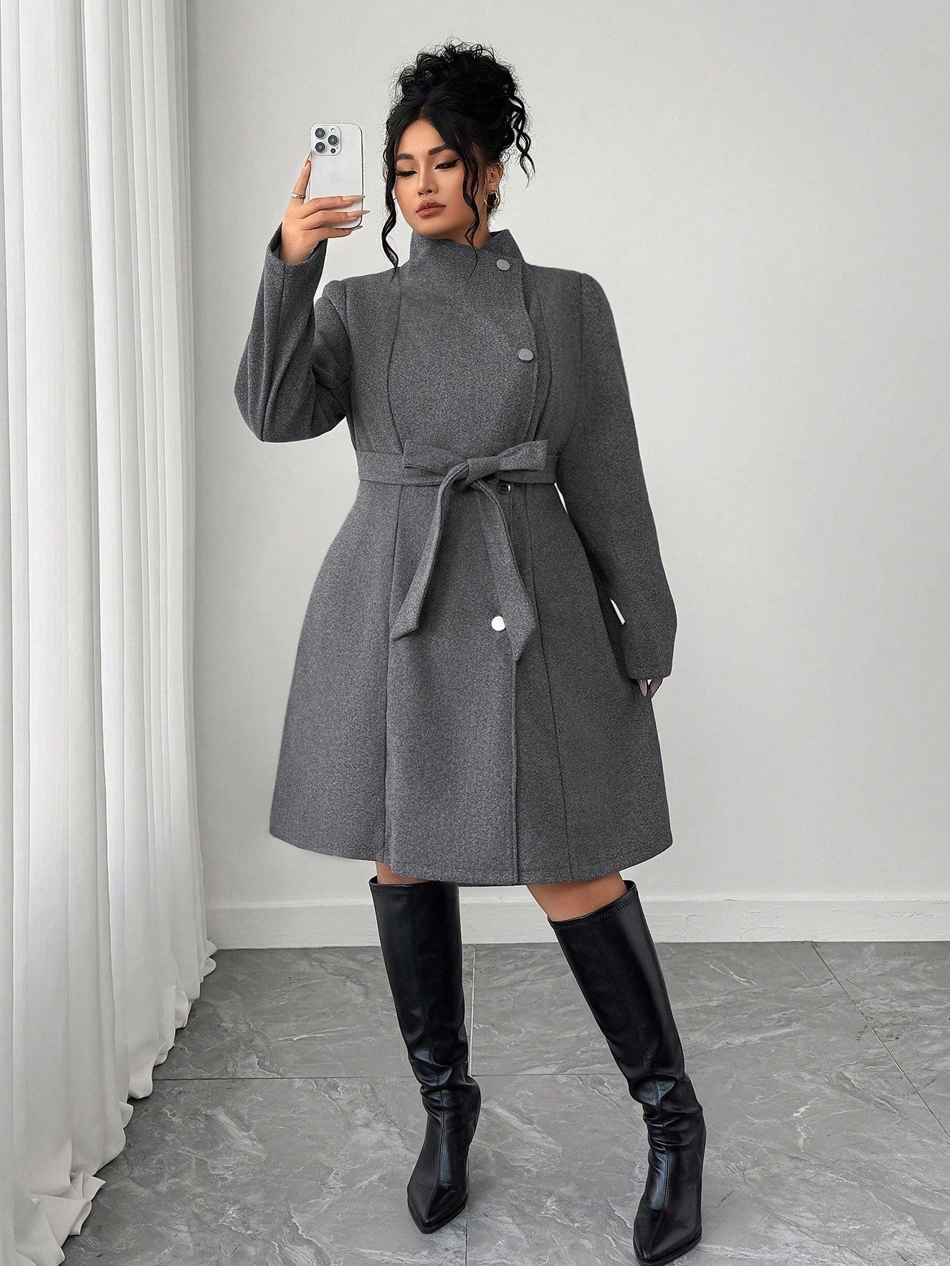 Elenzga Plus Size Women's High Collar Asymmetrical Placket Floral Gray Commuting Elegant Long-Sleeved Woolen Coat