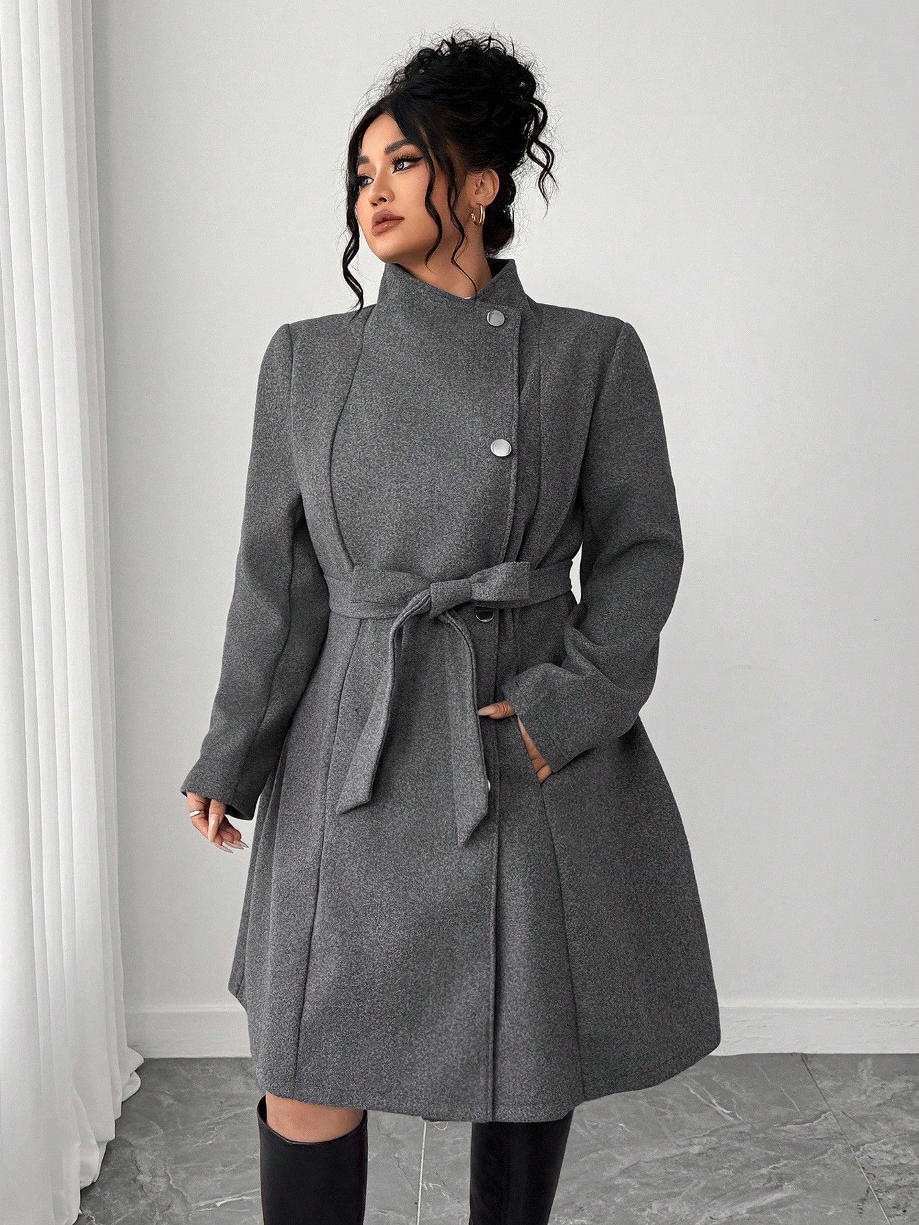 Elenzga Plus Size Women's High Collar Asymmetrical Placket Floral Gray Commuting Elegant Long-Sleeved Woolen Coat