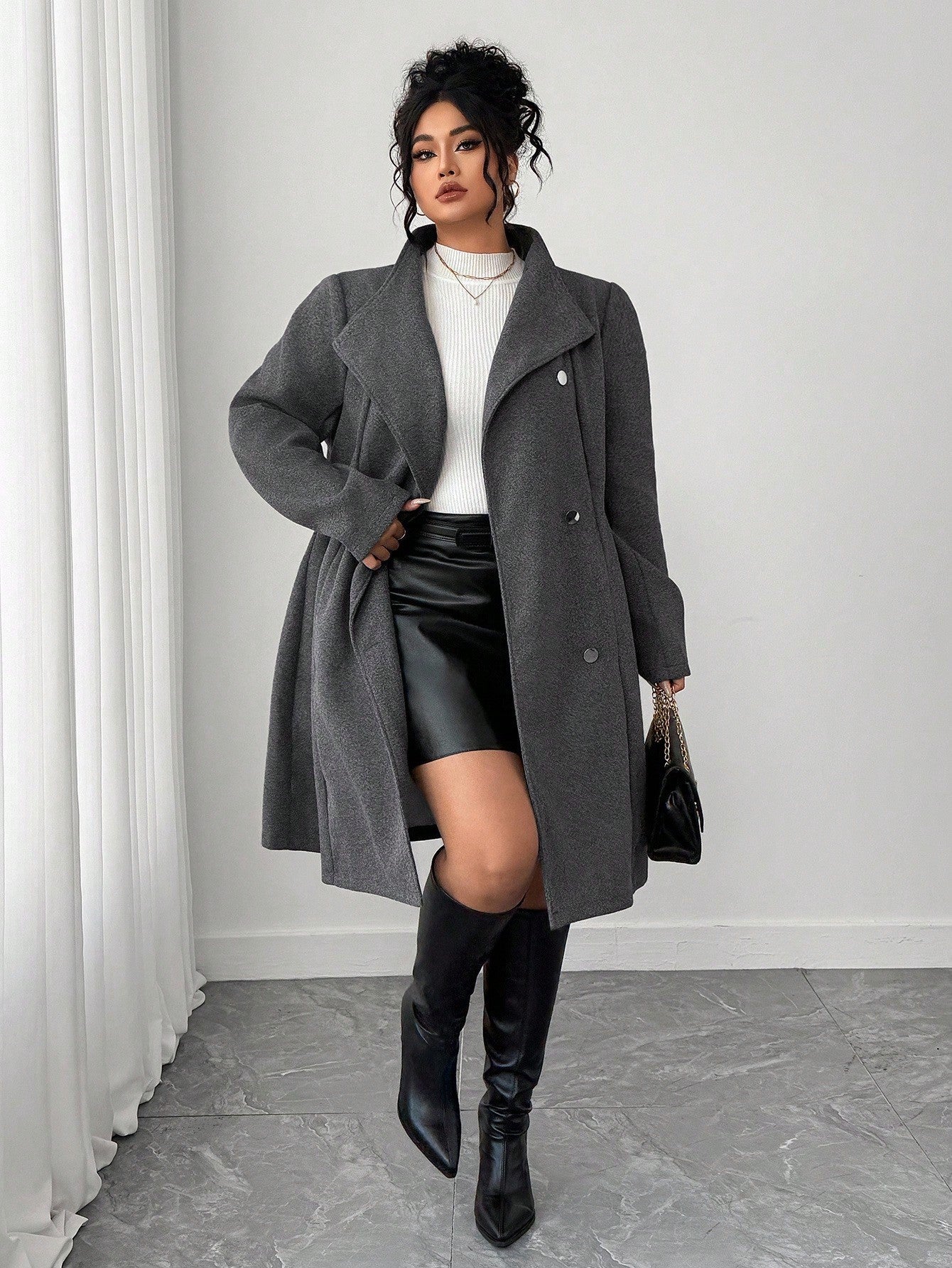 Elenzga Plus Size Women's High Collar Asymmetrical Placket Floral Gray Commuting Elegant Long-Sleeved Woolen Coat