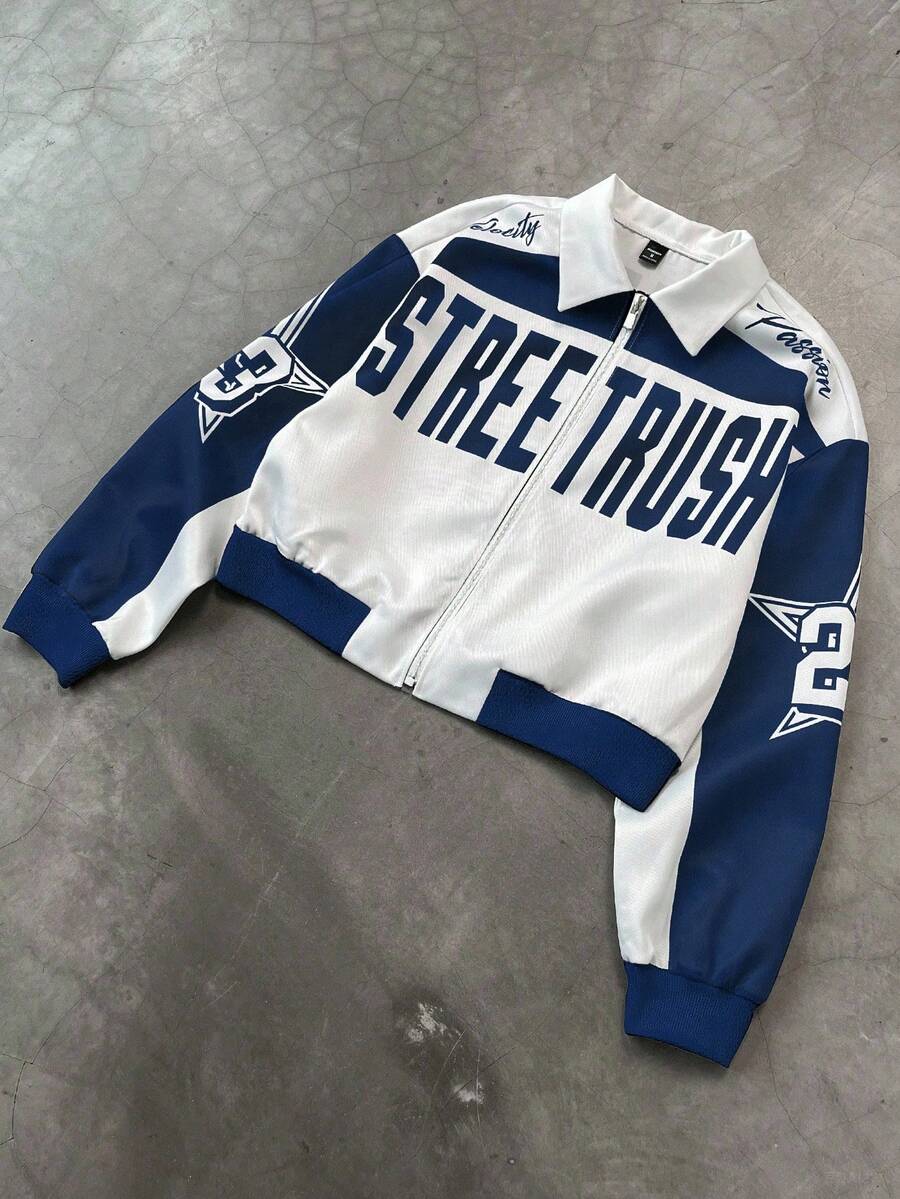 PAVTROS Manfinity Streetrush Men Colorblock Letter Print Short Bomber Jacket, Y2k Zip Up Graphic Street Wear,Hip-Hop Street,Boy Friend Gifts, Fall