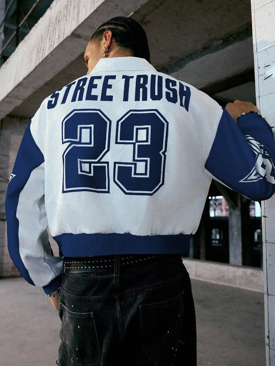 PAVTROS Manfinity Streetrush Men Colorblock Letter Print Short Bomber Jacket, Y2k Zip Up Graphic Street Wear,Hip-Hop Street,Boy Friend Gifts, Fall