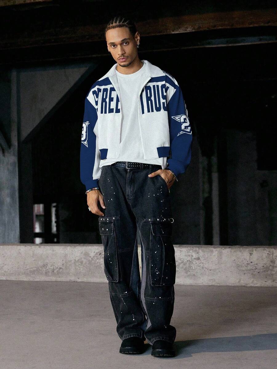 PAVTROS Manfinity Streetrush Men Colorblock Letter Print Short Bomber Jacket, Y2k Zip Up Graphic Street Wear,Hip-Hop Street,Boy Friend Gifts, Fall