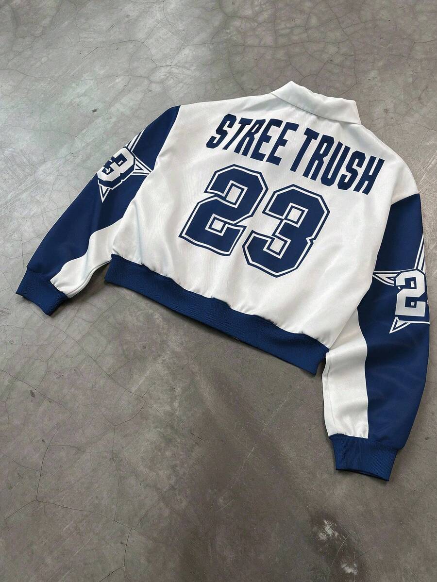 PAVTROS Manfinity Streetrush Men Colorblock Letter Print Short Bomber Jacket, Y2k Zip Up Graphic Street Wear,Hip-Hop Street,Boy Friend Gifts, Fall