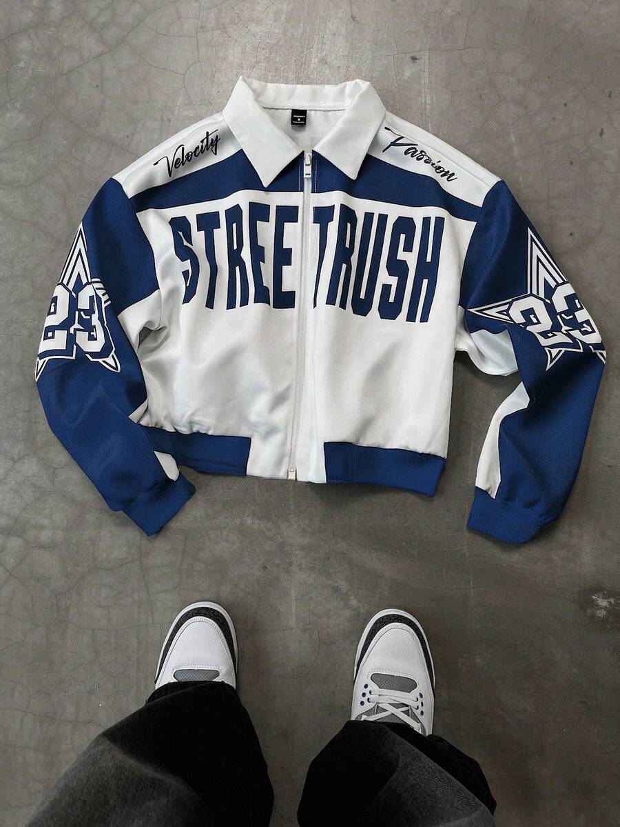 PAVTROS Manfinity Streetrush Men Colorblock Letter Print Short Bomber Jacket, Y2k Zip Up Graphic Street Wear,Hip-Hop Street,Boy Friend Gifts, Fall