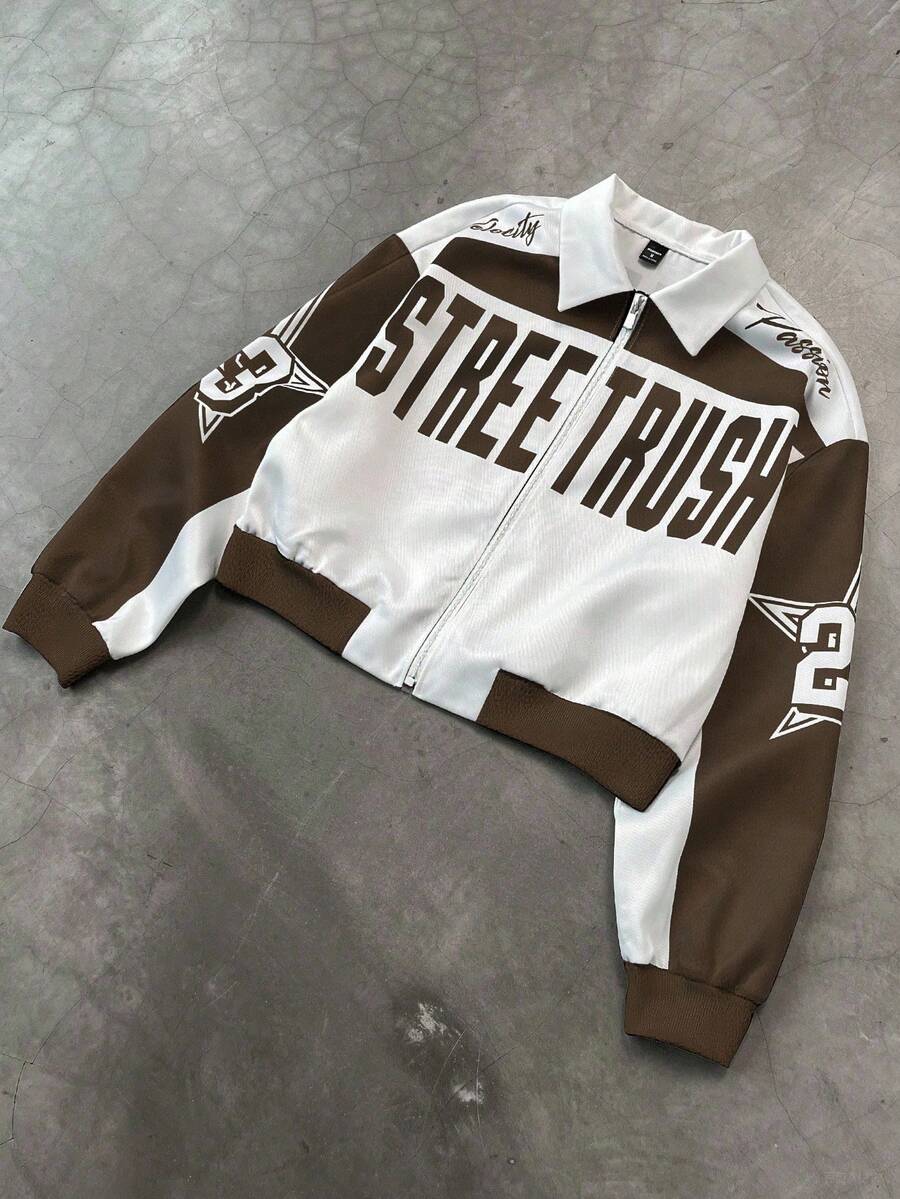 PAVTROS Manfinity Streetrush Men Colorblock Letter Print Short Bomber Jacket, Y2k Zip Up Graphic Street Wear,Hip-Hop Street,Boy Friend Gifts, Fall