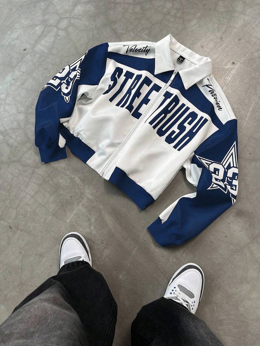 PAVTROS Manfinity Streetrush Men Colorblock Letter Print Short Bomber Jacket, Y2k Zip Up Graphic Street Wear,Hip-Hop Street,Boy Friend Gifts, Fall