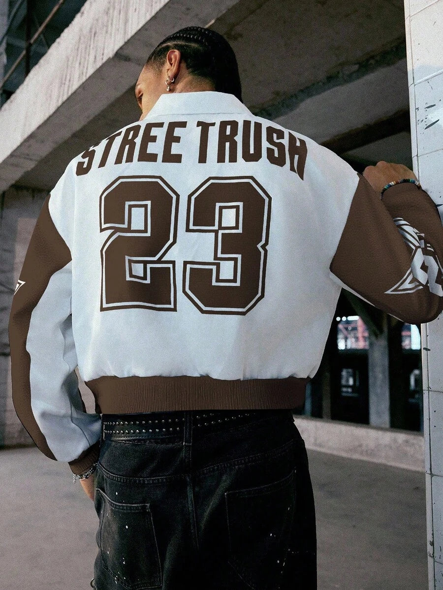PAVTROS Manfinity Streetrush Men Colorblock Letter Print Short Bomber Jacket, Y2k Zip Up Graphic Street Wear,Hip-Hop Street,Boy Friend Gifts, Fall