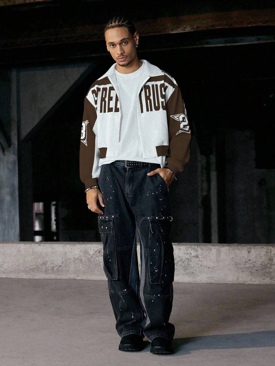 PAVTROS Manfinity Streetrush Men Colorblock Letter Print Short Bomber Jacket, Y2k Zip Up Graphic Street Wear,Hip-Hop Street,Boy Friend Gifts, Fall