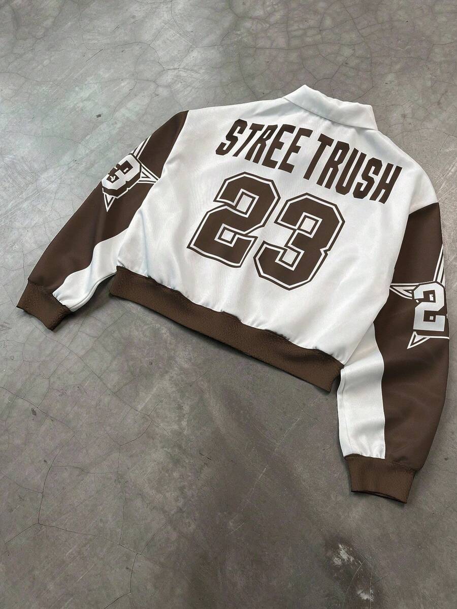 PAVTROS Manfinity Streetrush Men Colorblock Letter Print Short Bomber Jacket, Y2k Zip Up Graphic Street Wear,Hip-Hop Street,Boy Friend Gifts, Fall