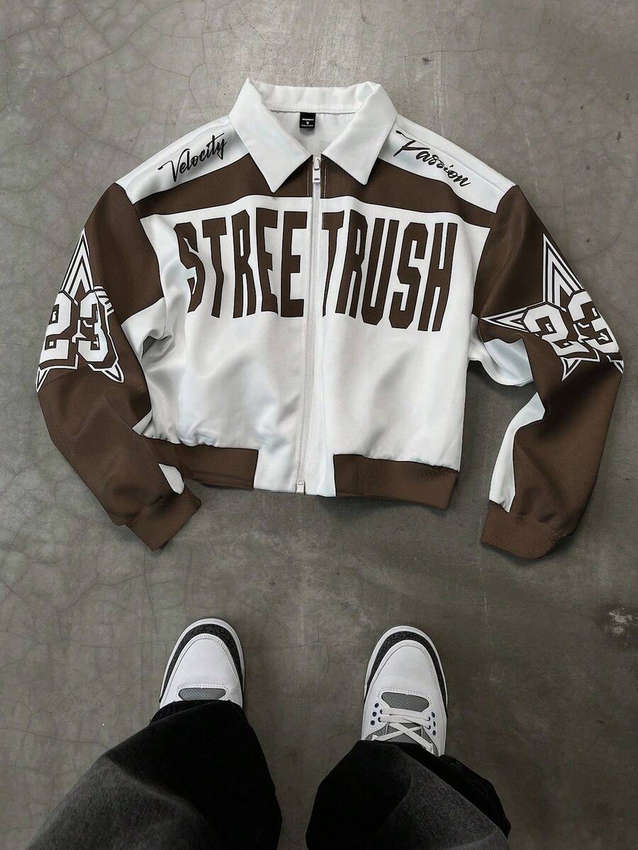 PAVTROS Manfinity Streetrush Men Colorblock Letter Print Short Bomber Jacket, Y2k Zip Up Graphic Street Wear,Hip-Hop Street,Boy Friend Gifts, Fall
