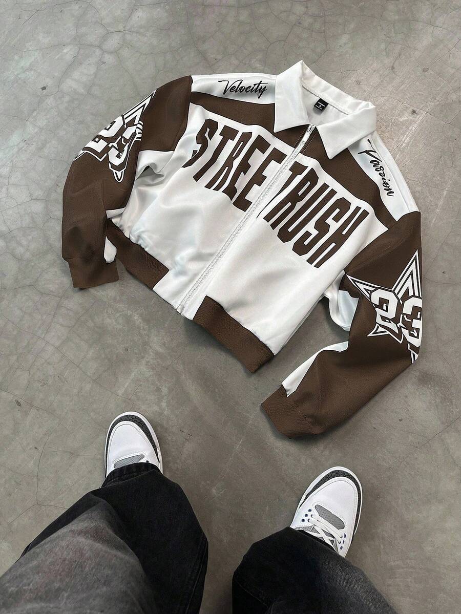 PAVTROS Manfinity Streetrush Men Colorblock Letter Print Short Bomber Jacket, Y2k Zip Up Graphic Street Wear,Hip-Hop Street,Boy Friend Gifts, Fall