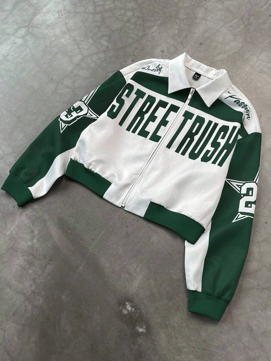 PAVTROS Manfinity Streetrush Men Colorblock Letter Print Short Bomber Jacket, Y2k Zip Up Graphic Street Wear,Hip-Hop Street,Boy Friend Gifts, Fall