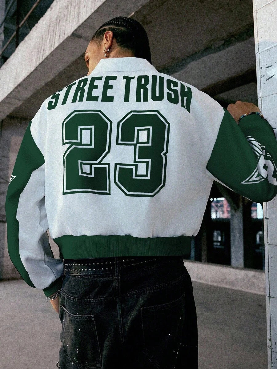 PAVTROS Manfinity Streetrush Men Colorblock Letter Print Short Bomber Jacket, Y2k Zip Up Graphic Street Wear,Hip-Hop Street,Boy Friend Gifts, Fall