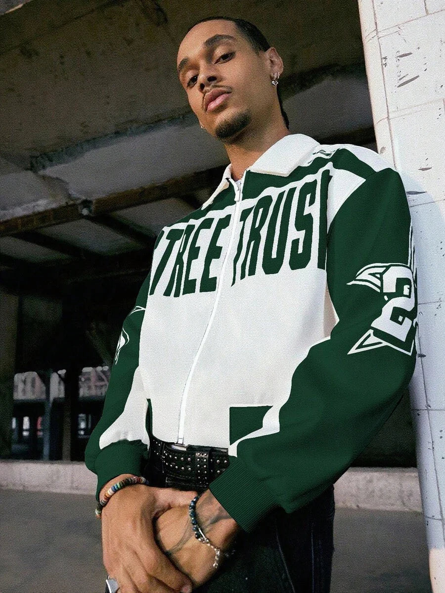 PAVTROS Manfinity Streetrush Men Colorblock Letter Print Short Bomber Jacket, Y2k Zip Up Graphic Street Wear,Hip-Hop Street,Boy Friend Gifts, Fall