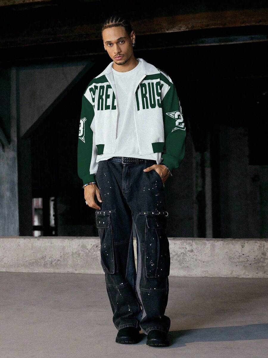 PAVTROS Manfinity Streetrush Men Colorblock Letter Print Short Bomber Jacket, Y2k Zip Up Graphic Street Wear,Hip-Hop Street,Boy Friend Gifts, Fall
