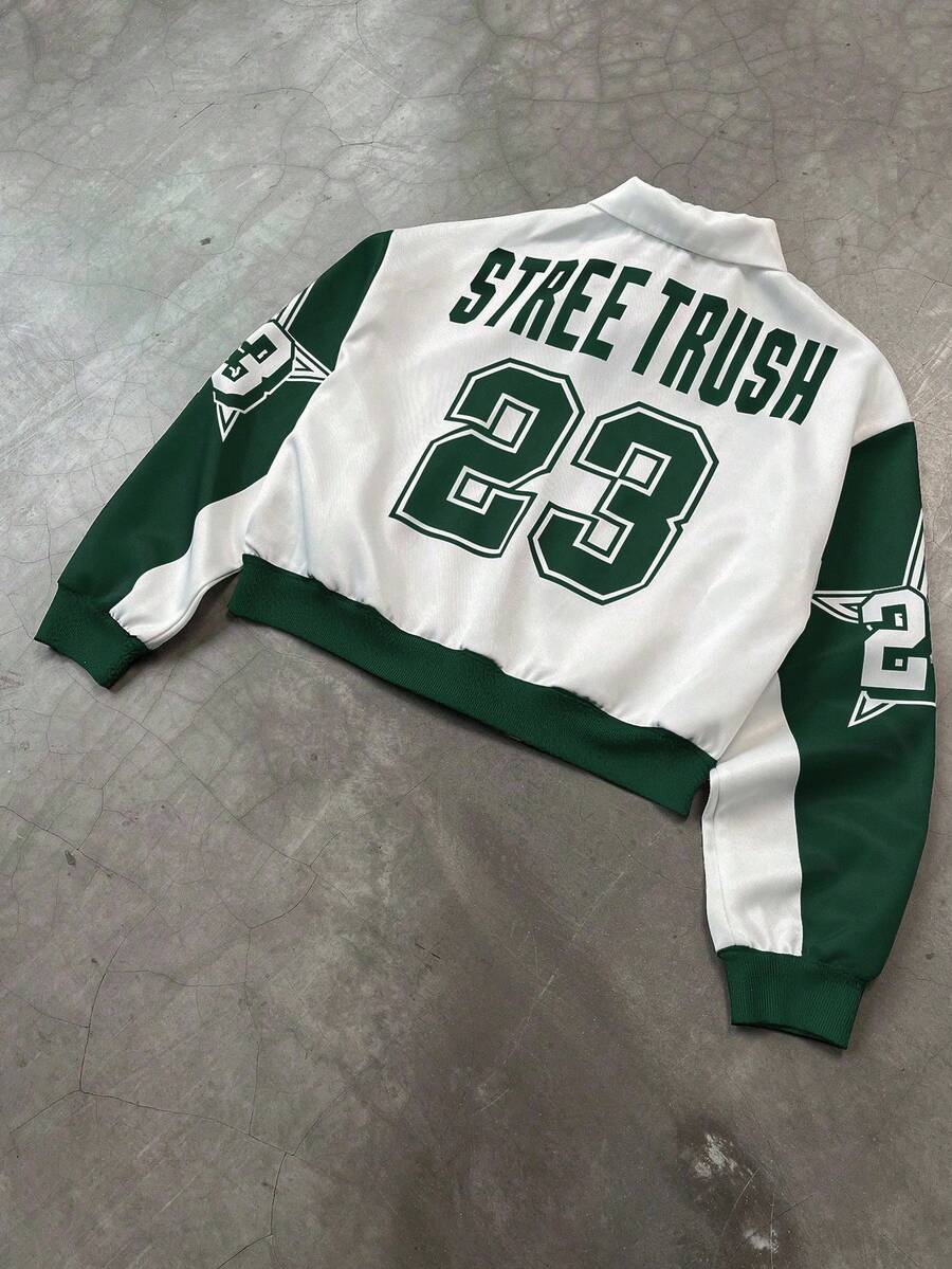 PAVTROS Manfinity Streetrush Men Colorblock Letter Print Short Bomber Jacket, Y2k Zip Up Graphic Street Wear,Hip-Hop Street,Boy Friend Gifts, Fall