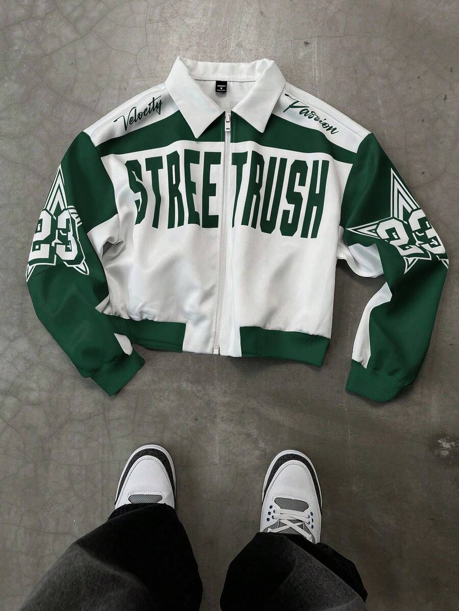 PAVTROS Manfinity Streetrush Men Colorblock Letter Print Short Bomber Jacket, Y2k Zip Up Graphic Street Wear,Hip-Hop Street,Boy Friend Gifts, Fall