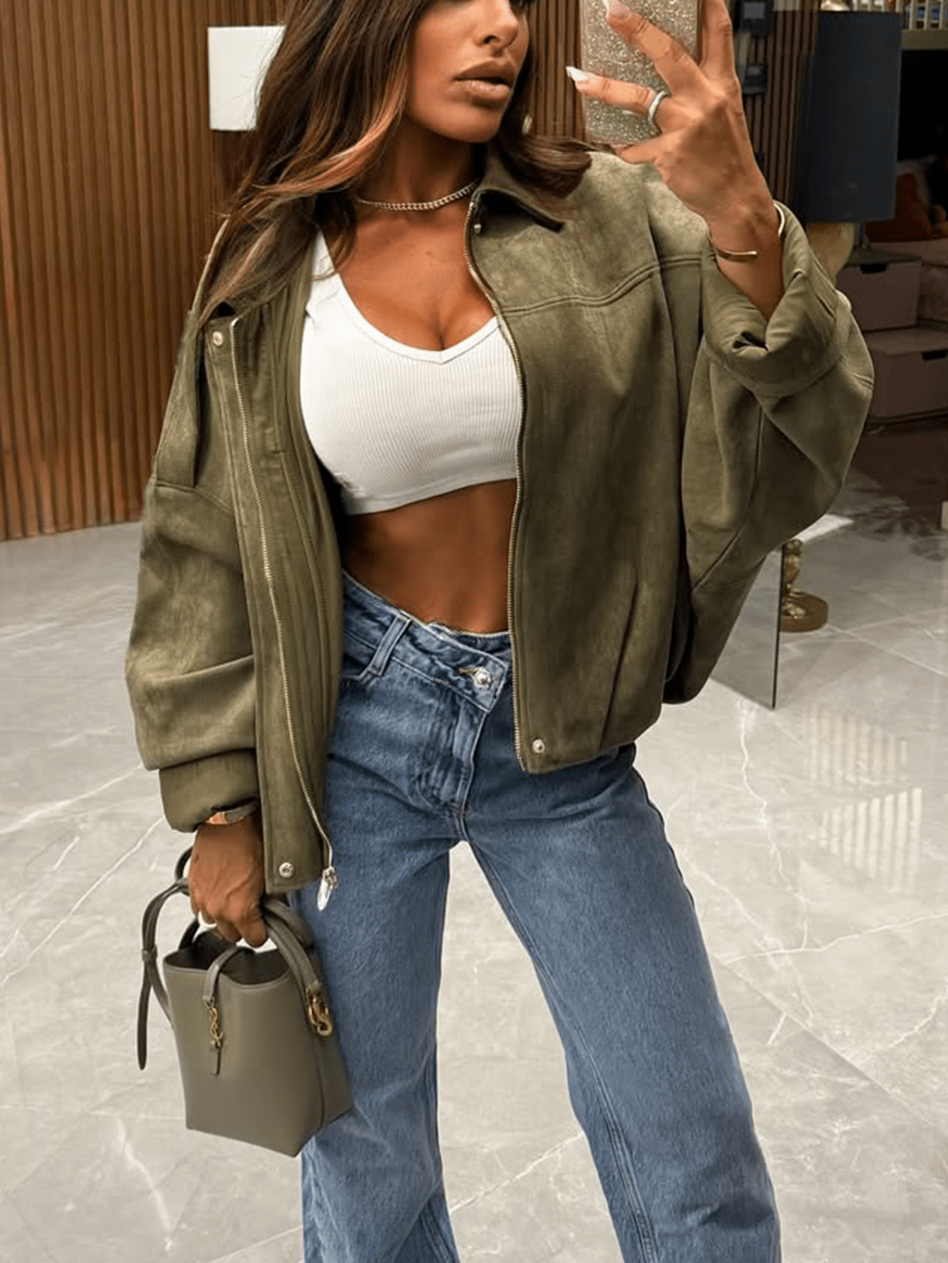 Dirty Martini Green Suede Bomber Jackets Women Long Sleeve Zipper Oversized Jackets Fashion 2025 Fall Winter Casual Streetwear Outwears Christmas Outfit