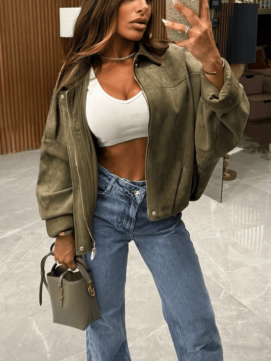 Dirty Martini Green Suede Bomber Jackets Women Long Sleeve Zipper Oversized Jackets Fashion 2025 Fall Winter Casual Streetwear Outwears Christmas Outfit