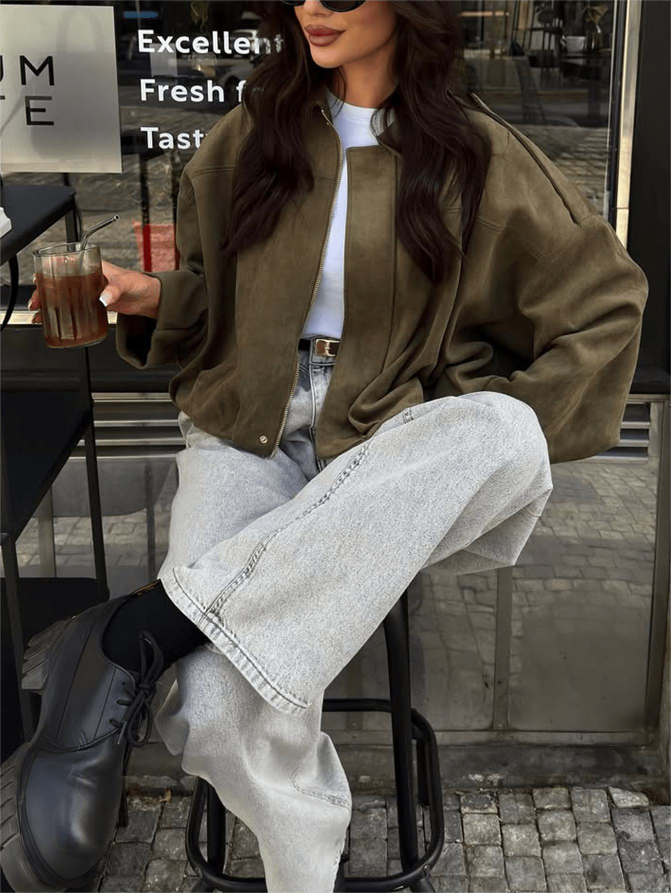 Dirty Martini Green Suede Bomber Jackets Women Long Sleeve Zipper Oversized Jackets Fashion 2025 Fall Winter Casual Streetwear Outwears Christmas Outfit