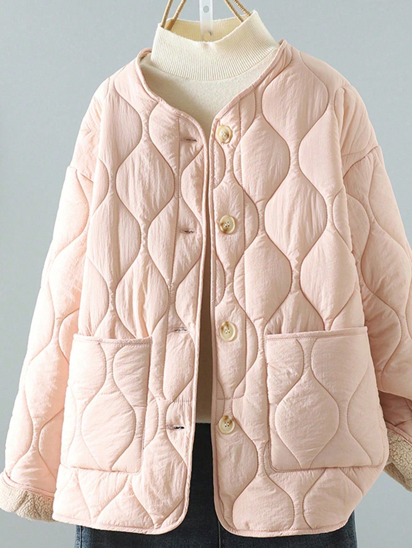 Women's Winter New Korean Minimalist Thickened Crewneck Coat - Pink With Lamb Wool Lining, Long Sleeve, Warm Quilted Winter Outerwear, Drop Shoulde