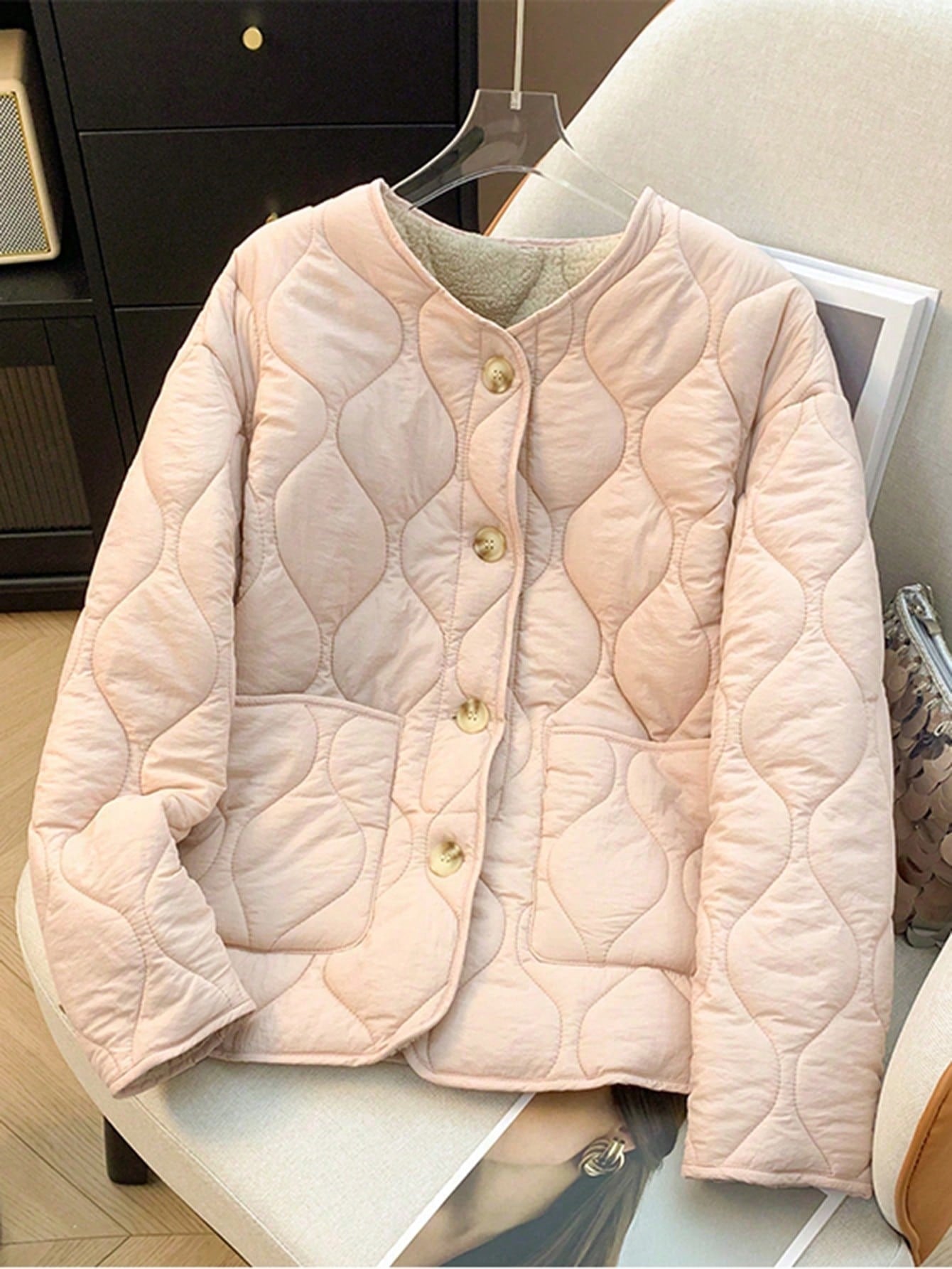 Women's Winter New Korean Minimalist Thickened Crewneck Coat - Pink With Lamb Wool Lining, Long Sleeve, Warm Quilted Winter Outerwear, Drop Shoulde