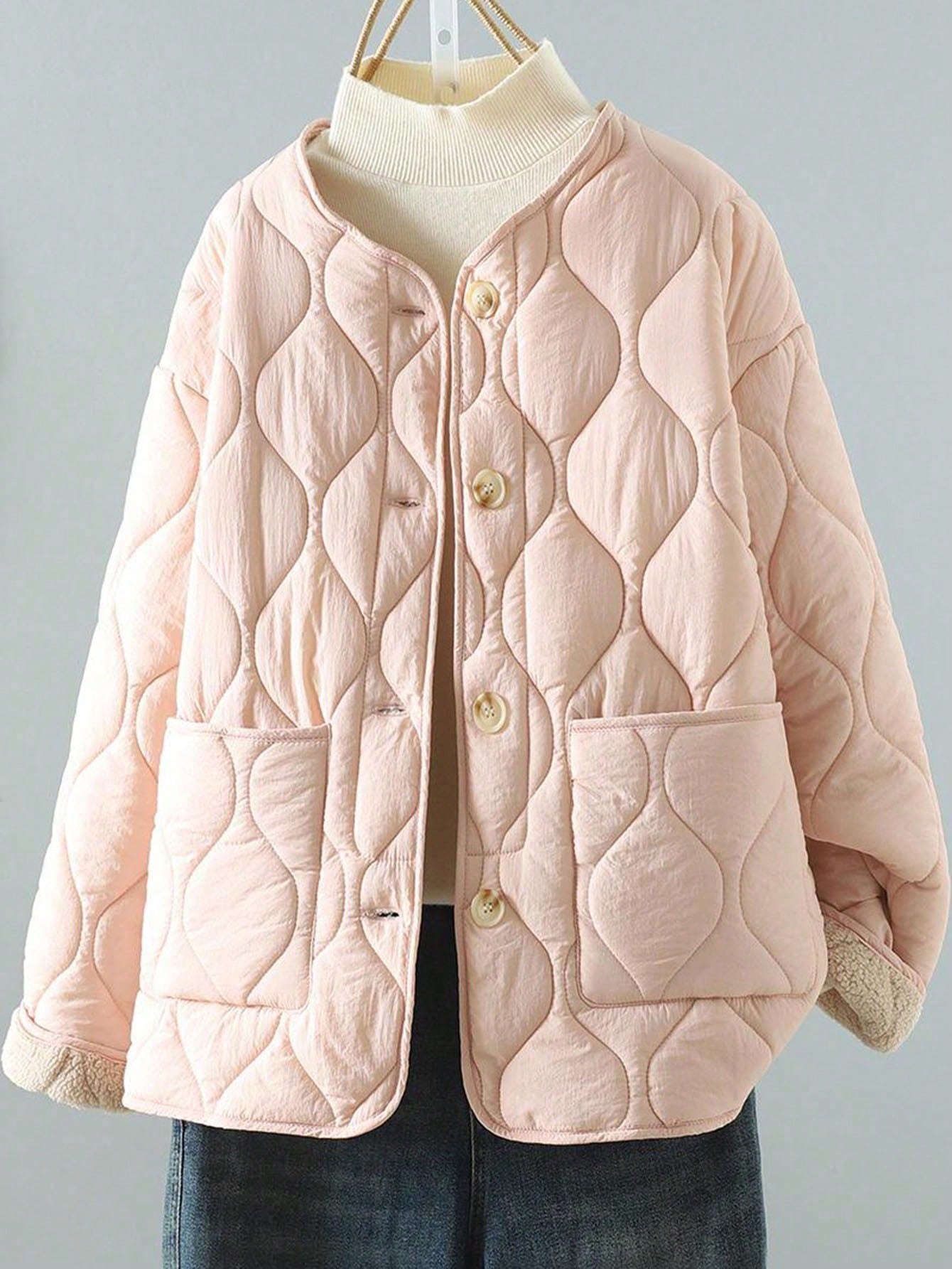Women's Winter New Korean Minimalist Thickened Crewneck Coat - Pink With Lamb Wool Lining, Long Sleeve, Warm Quilted Winter Outerwear, Drop Shoulde