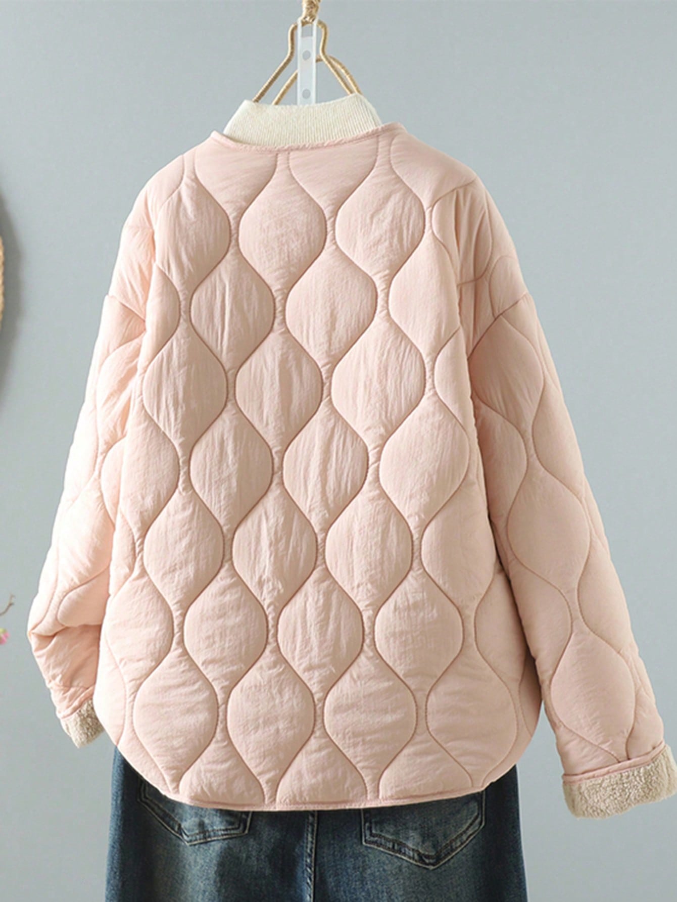 Women's Winter New Korean Minimalist Thickened Crewneck Coat - Pink With Lamb Wool Lining, Long Sleeve, Warm Quilted Winter Outerwear, Drop Shoulde