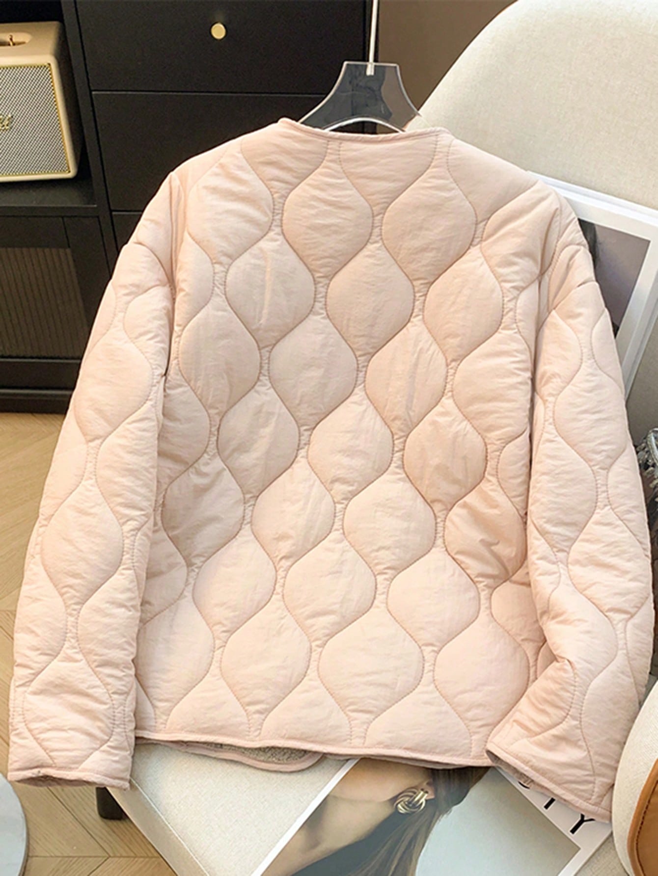 Women's Winter New Korean Minimalist Thickened Crewneck Coat - Pink With Lamb Wool Lining, Long Sleeve, Warm Quilted Winter Outerwear, Drop Shoulde