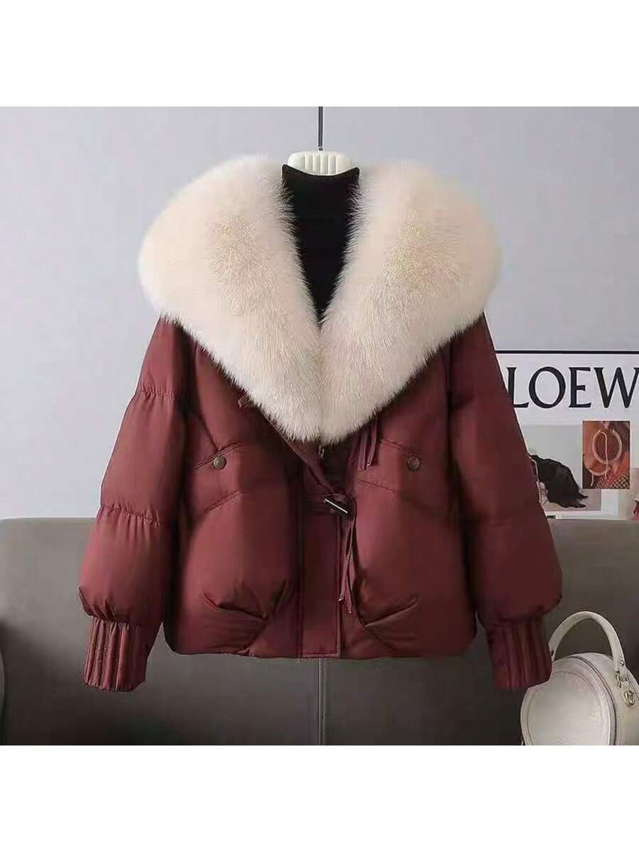 Women's Elegant Down Jacket Coat, Black Woven Fabric, Long Sleeve, Regular Hem, With Faux Fur Waterfall Collar And Pockets, Padded Winter Jacket
