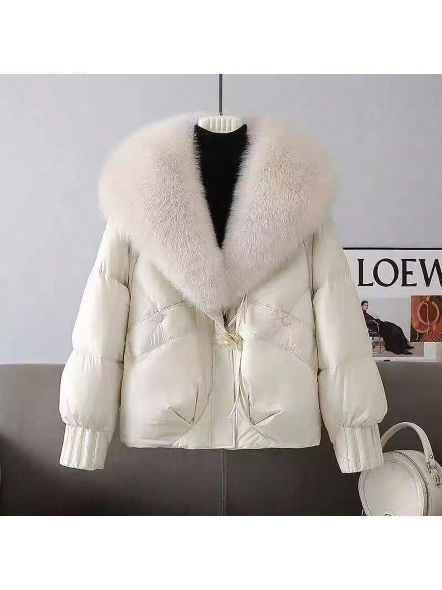 Women's Elegant Down Jacket Coat, Black Woven Fabric, Long Sleeve, Regular Hem, With Faux Fur Waterfall Collar And Pockets, Padded Winter Jacket