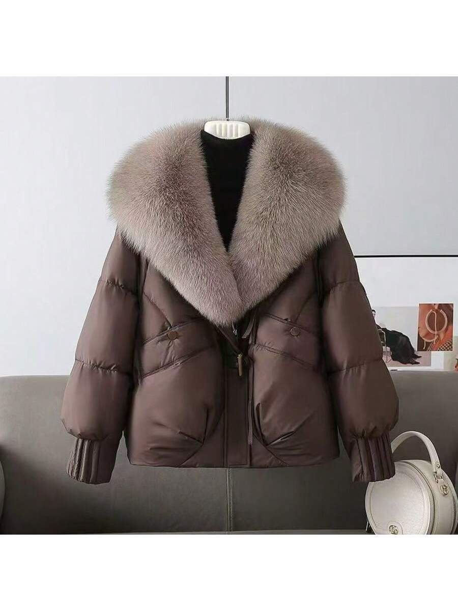Women's Elegant Down Jacket Coat, Black Woven Fabric, Long Sleeve, Regular Hem, With Faux Fur Waterfall Collar And Pockets, Padded Winter Jacket