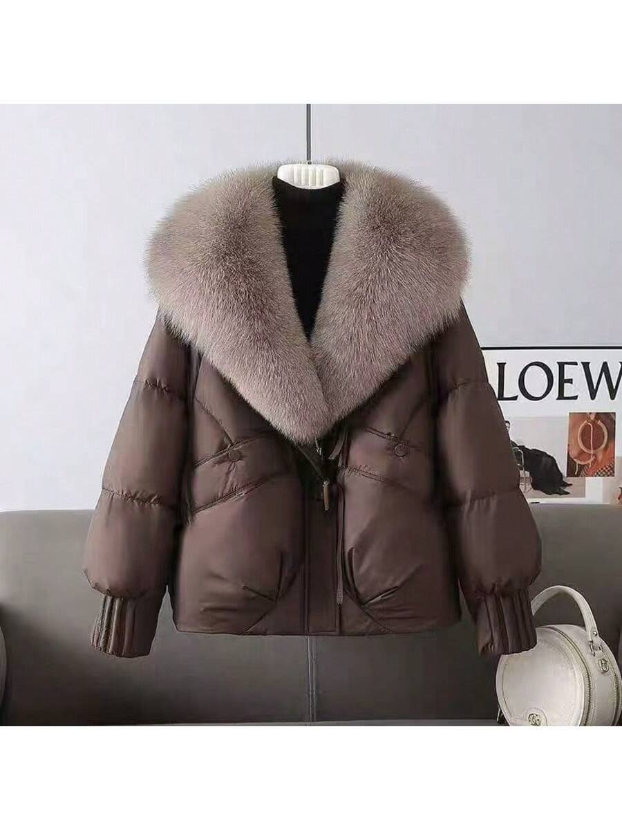Women's Elegant Down Jacket Coat, Black Woven Fabric, Long Sleeve, Regular Hem, With Faux Fur Waterfall Collar And Pockets, Padded Winter Jacket