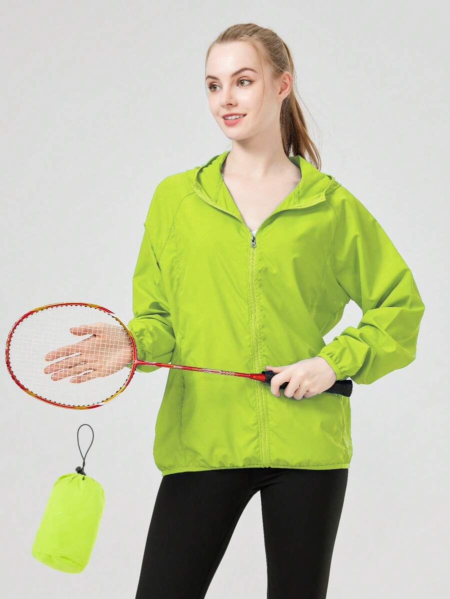1pc Women's Lightweight Waterproof Jacket, Casual Windbreaker, Quick-Dry Sportswear, Black Long Sleeve Athletic Jacket For Women, With Storage Bag