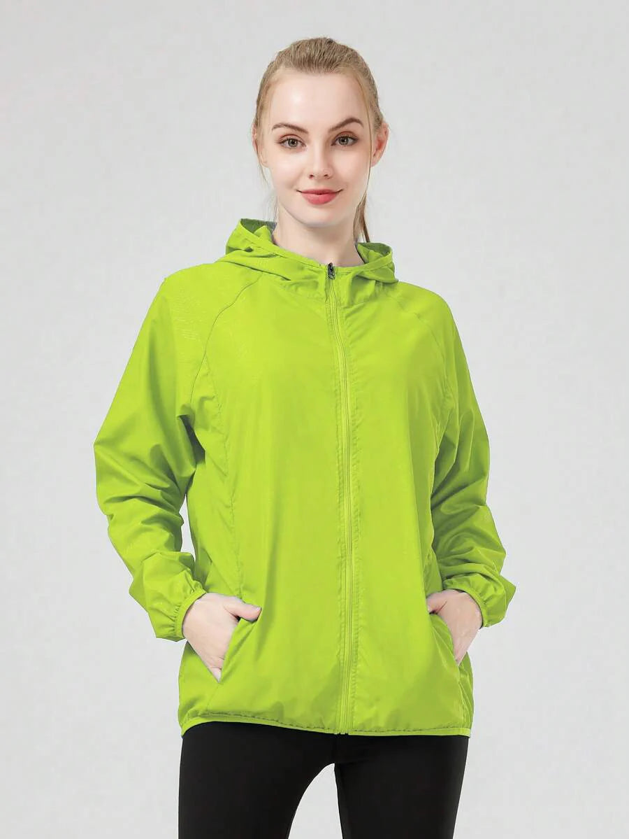 1pc Women's Lightweight Waterproof Jacket, Casual Windbreaker, Quick-Dry Sportswear, Black Long Sleeve Athletic Jacket For Women, With Storage Bag