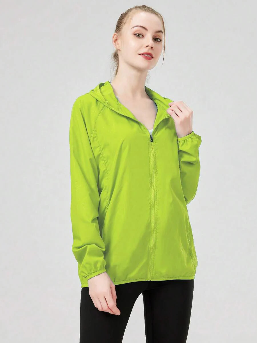 1pc Women's Lightweight Waterproof Jacket, Casual Windbreaker, Quick-Dry Sportswear, Black Long Sleeve Athletic Jacket For Women, With Storage Bag