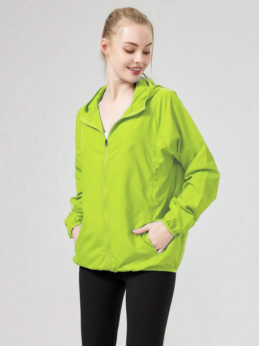 1pc Women's Lightweight Waterproof Jacket, Casual Windbreaker, Quick-Dry Sportswear, Black Long Sleeve Athletic Jacket For Women, With Storage Bag
