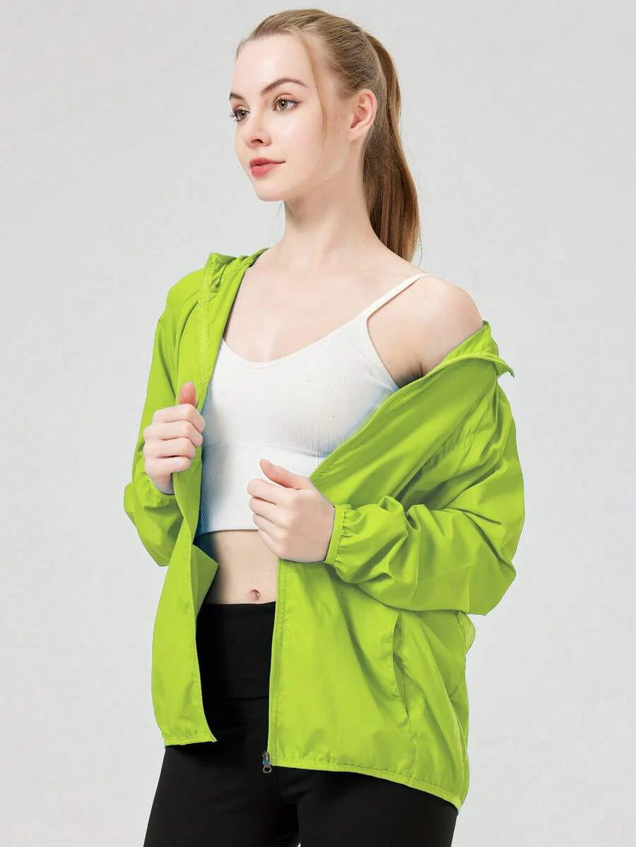 1pc Women's Lightweight Waterproof Jacket, Casual Windbreaker, Quick-Dry Sportswear, Black Long Sleeve Athletic Jacket For Women, With Storage Bag