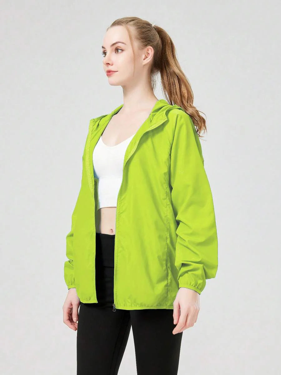 1pc Women's Lightweight Waterproof Jacket, Casual Windbreaker, Quick-Dry Sportswear, Black Long Sleeve Athletic Jacket For Women, With Storage Bag