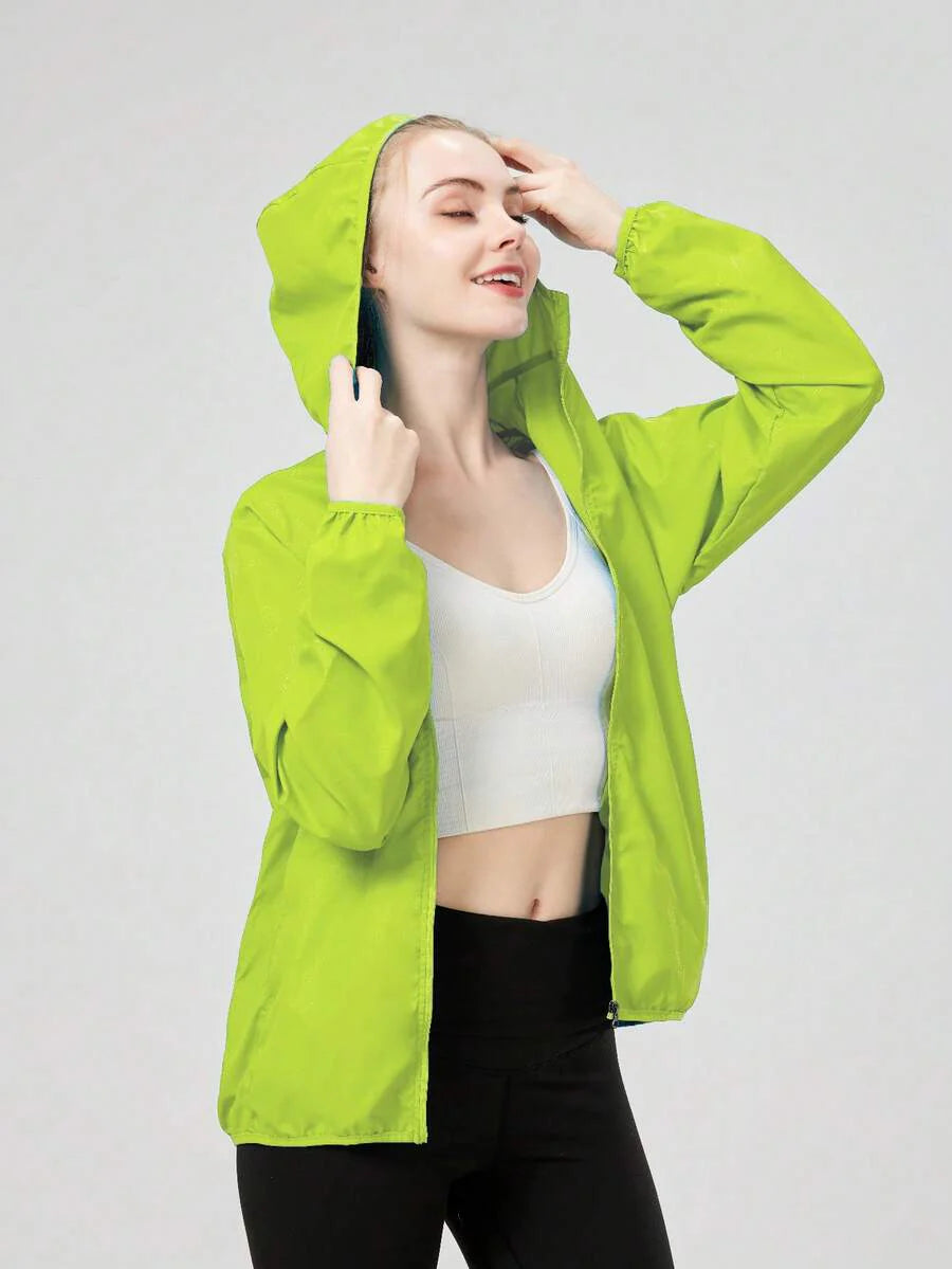 1pc Women's Lightweight Waterproof Jacket, Casual Windbreaker, Quick-Dry Sportswear, Black Long Sleeve Athletic Jacket For Women, With Storage Bag