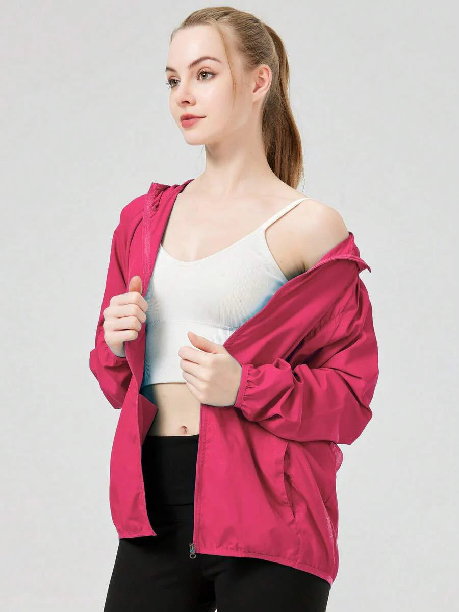 1pc Women's Lightweight Waterproof Jacket, Casual Windbreaker, Quick-Dry Sportswear, Black Long Sleeve Athletic Jacket For Women, With Storage Bag