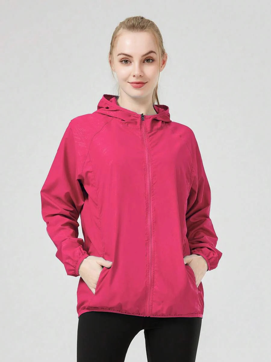 1pc Women's Lightweight Waterproof Jacket, Casual Windbreaker, Quick-Dry Sportswear, Black Long Sleeve Athletic Jacket For Women, With Storage Bag
