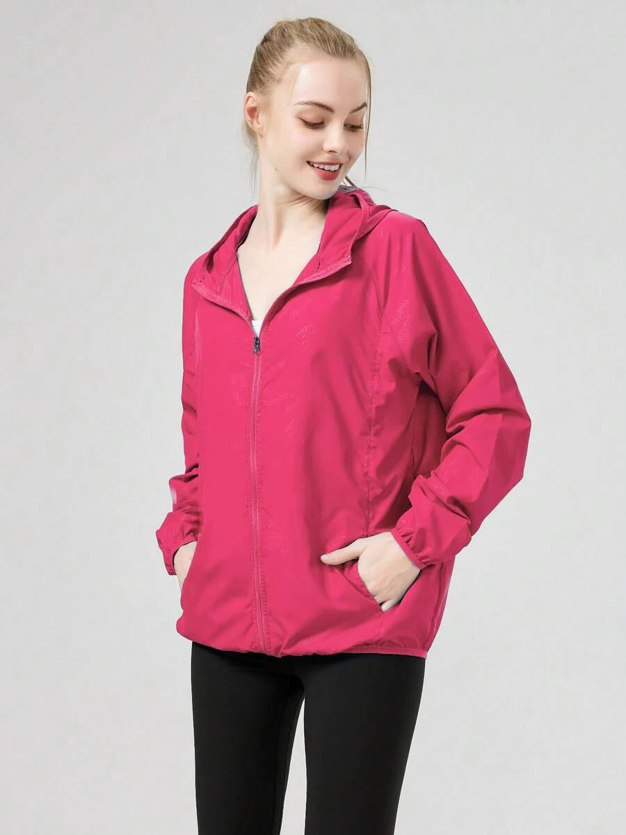 1pc Women's Lightweight Waterproof Jacket, Casual Windbreaker, Quick-Dry Sportswear, Black Long Sleeve Athletic Jacket For Women, With Storage Bag