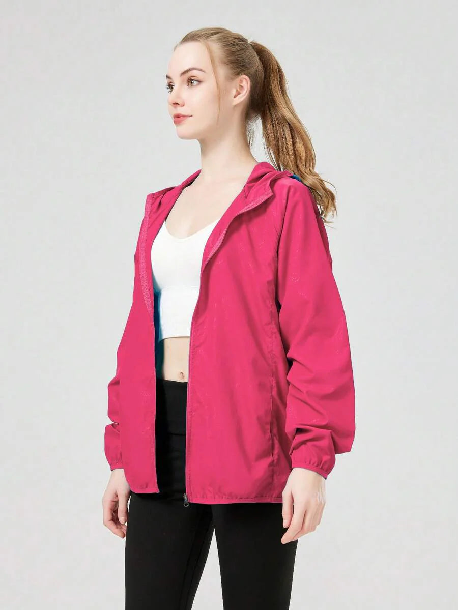 1pc Women's Lightweight Waterproof Jacket, Casual Windbreaker, Quick-Dry Sportswear, Black Long Sleeve Athletic Jacket For Women, With Storage Bag