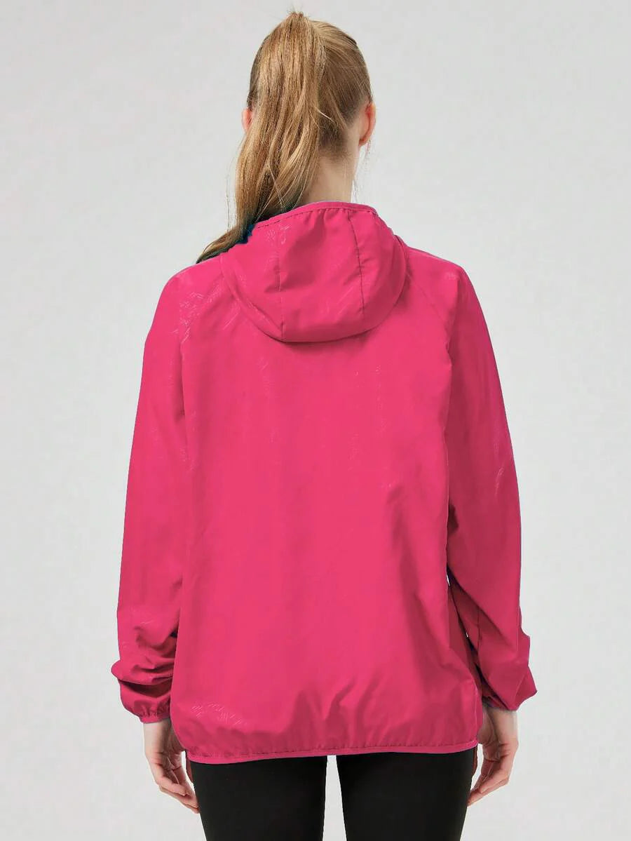 1pc Women's Lightweight Waterproof Jacket, Casual Windbreaker, Quick-Dry Sportswear, Black Long Sleeve Athletic Jacket For Women, With Storage Bag