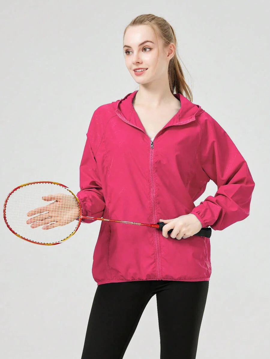 1pc Women's Lightweight Waterproof Jacket, Casual Windbreaker, Quick-Dry Sportswear, Black Long Sleeve Athletic Jacket For Women, With Storage Bag