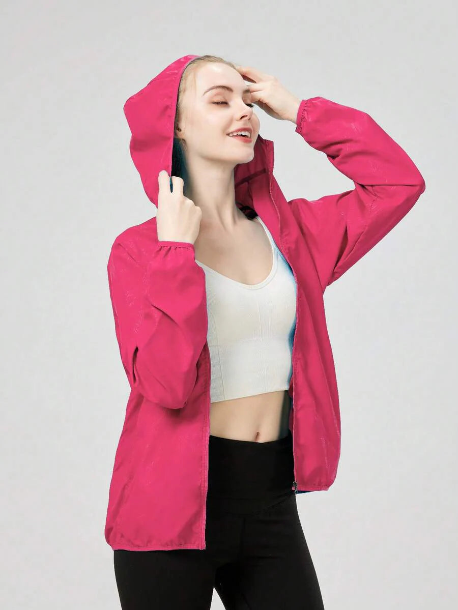 1pc Women's Lightweight Waterproof Jacket, Casual Windbreaker, Quick-Dry Sportswear, Black Long Sleeve Athletic Jacket For Women, With Storage Bag