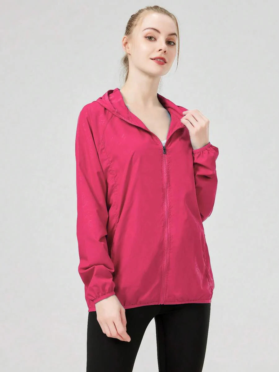 1pc Women's Lightweight Waterproof Jacket, Casual Windbreaker, Quick-Dry Sportswear, Black Long Sleeve Athletic Jacket For Women, With Storage Bag